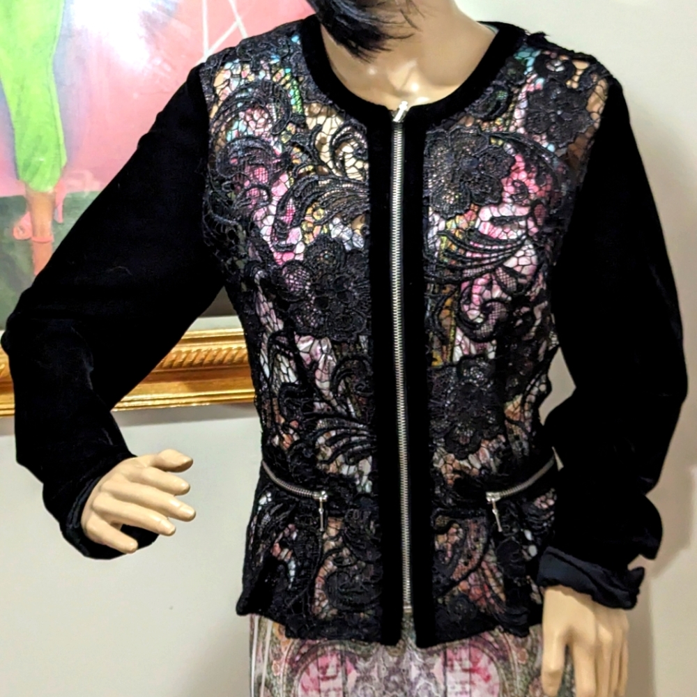 Unique Vintage Black Lace Overlay Zip Front Jacket